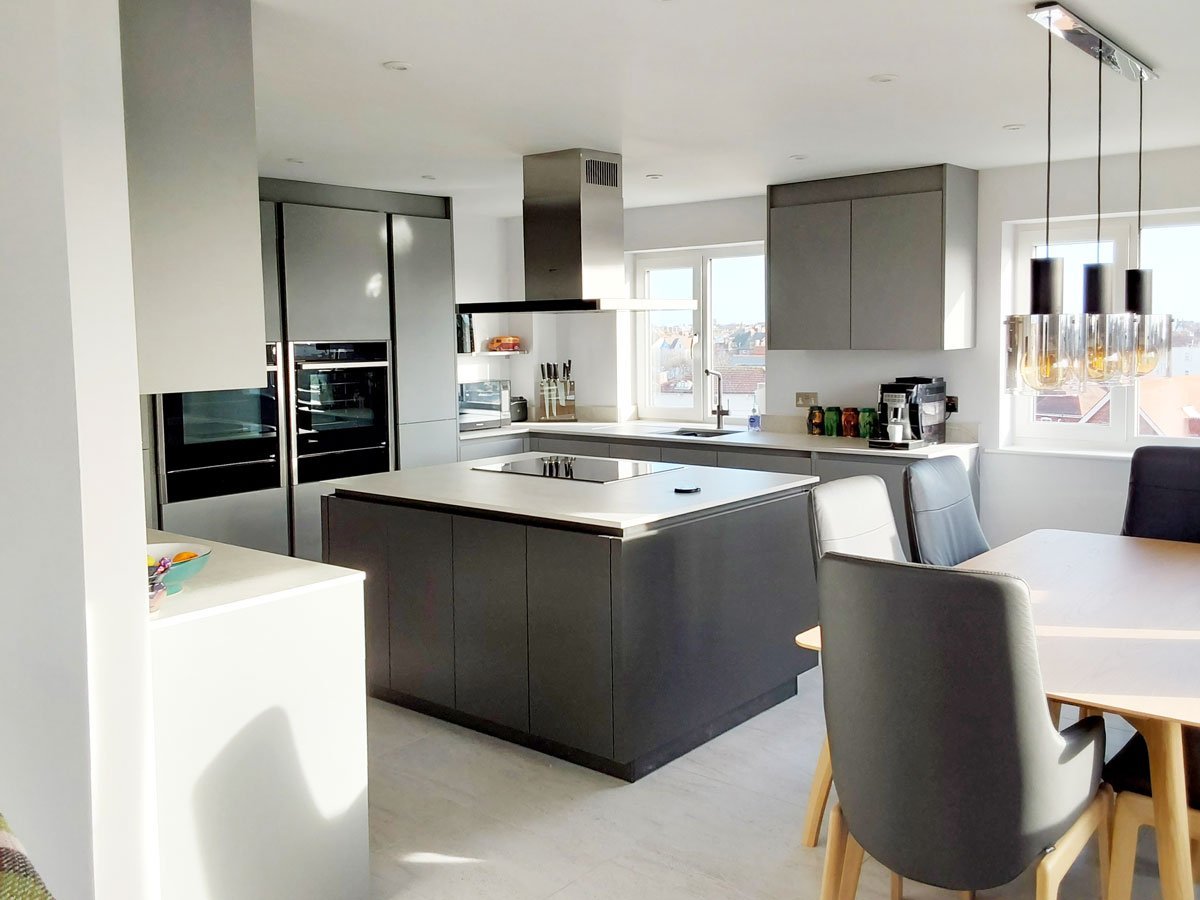 Grey and white kitchen for open plan living
