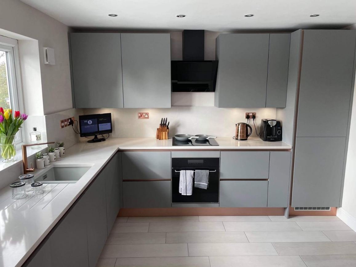 Modern L shaped Kitchen with Grey cabinets and integrated appliances