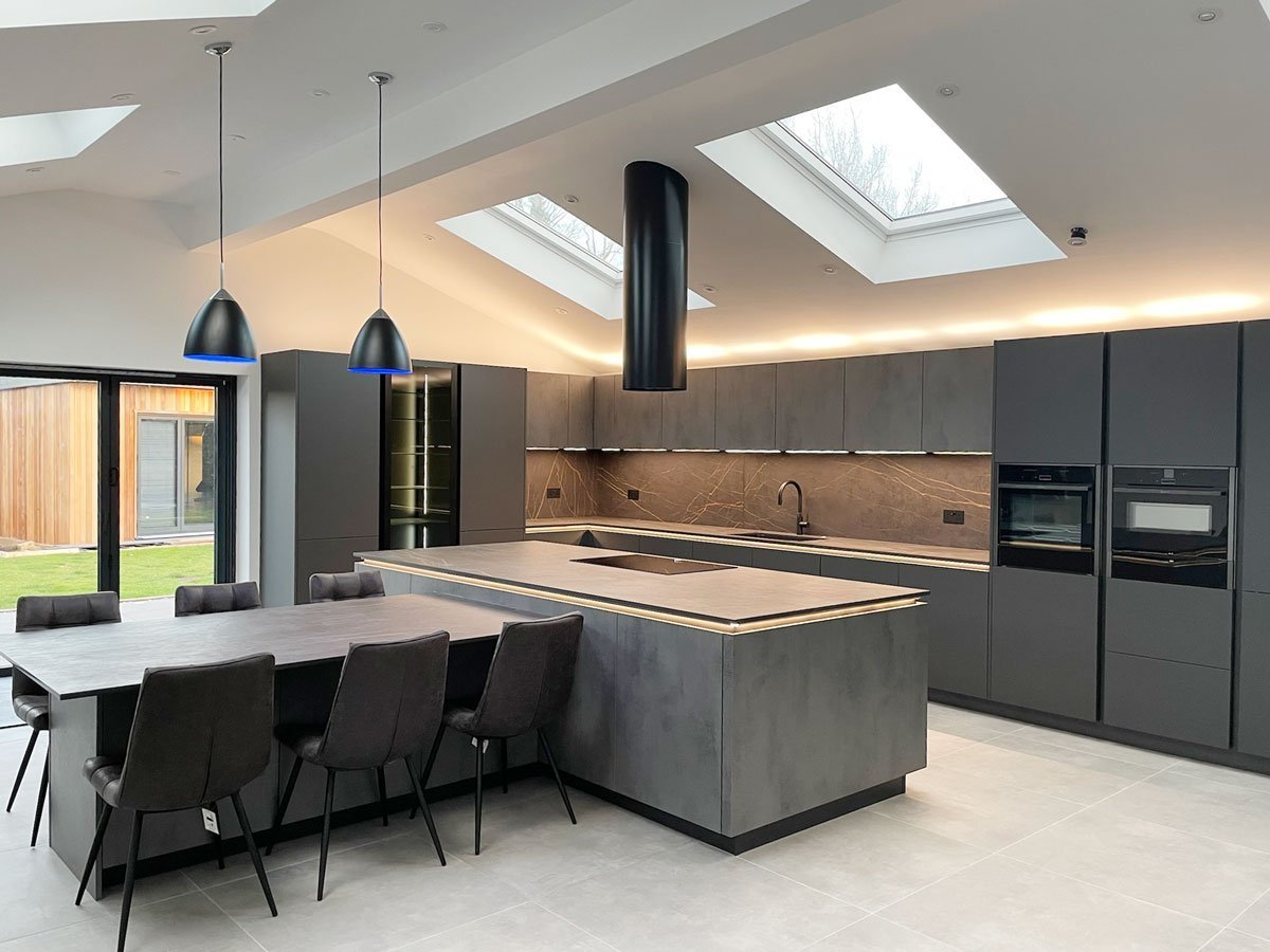 Rotpunkt grey kitchen with marbled worktops