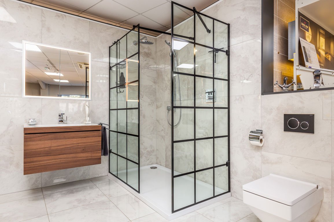Modern bathroom with Roman Black Shower Enclosure and Modern Bathroom Furniture from Duravit