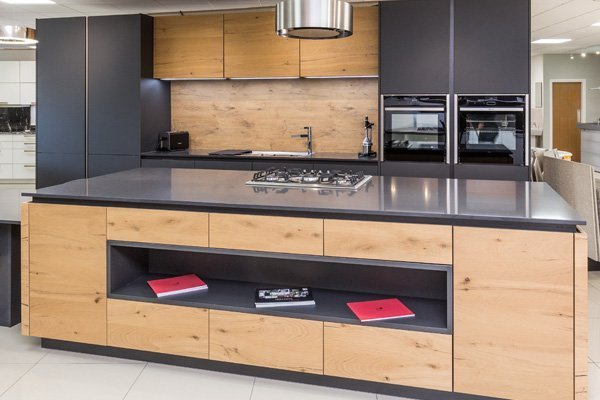 Carbon & Wild Oak kitchen on display in our showrooms.