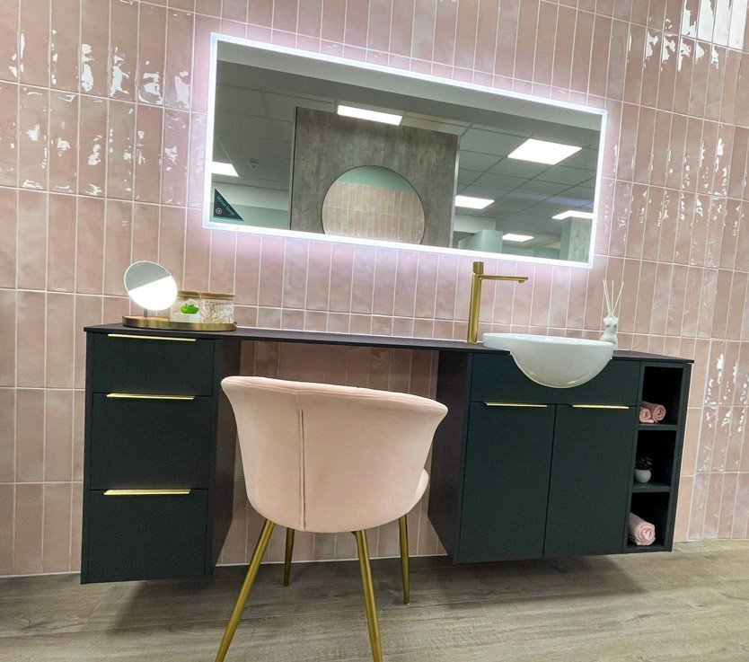 A pink powder room designed by Turnbull.