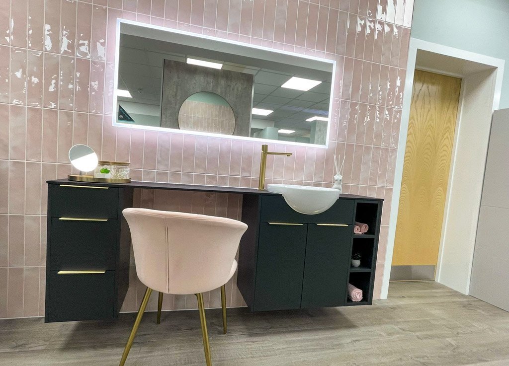 Glossy dusky pink tiles by Stokes for a feminine finish