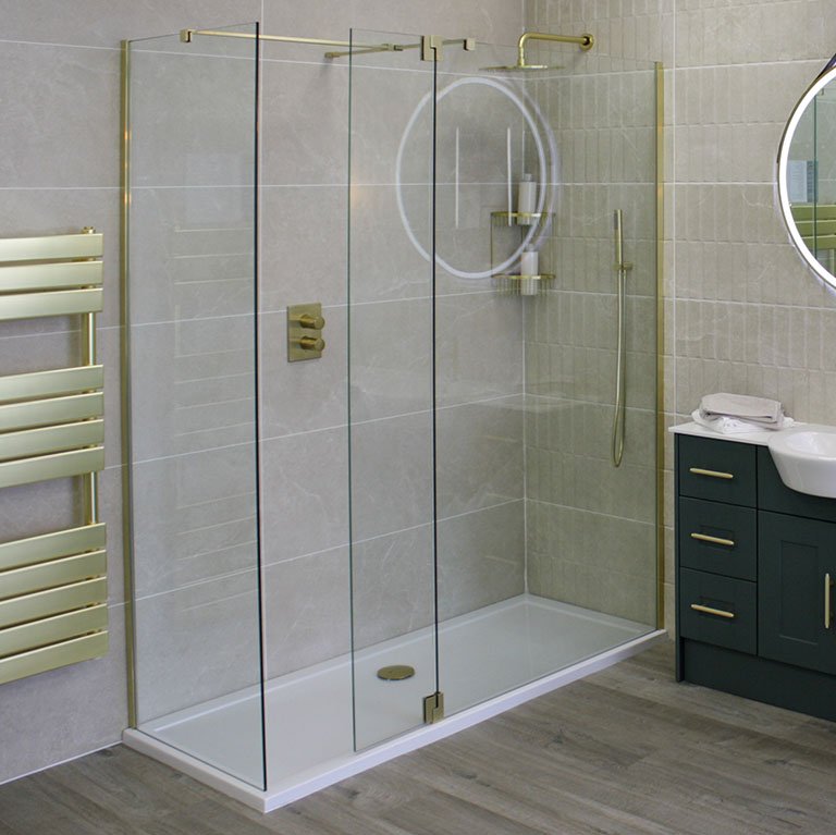 Brushed gold framed shower enclosure for luxury wet room look