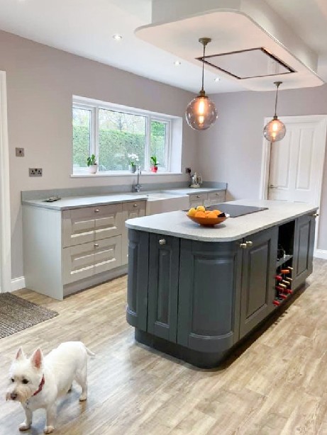 Kitchen island painted in Anthracite with Pendant lighting