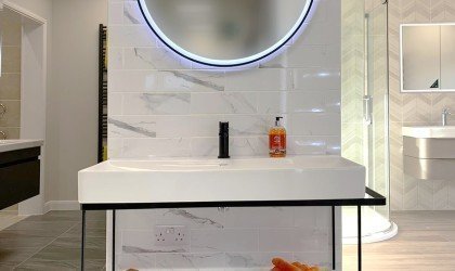 Statement black line contemporary bathroom vanity with storage and iluminated mirror