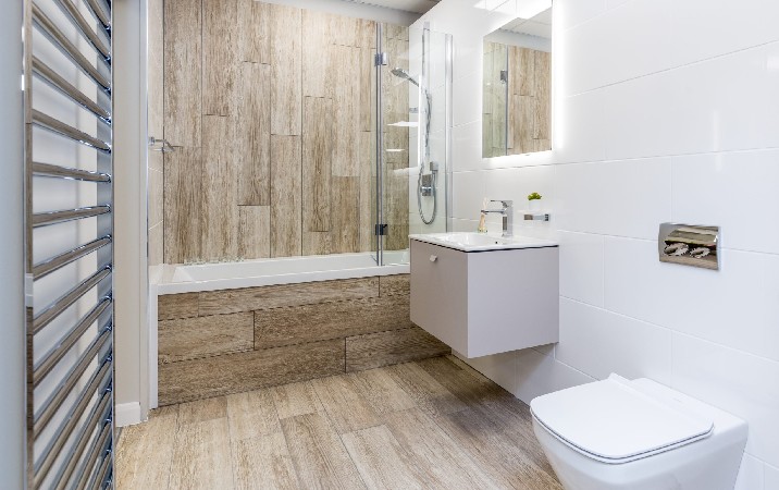 Textured timber cladding for this modern bathroom
