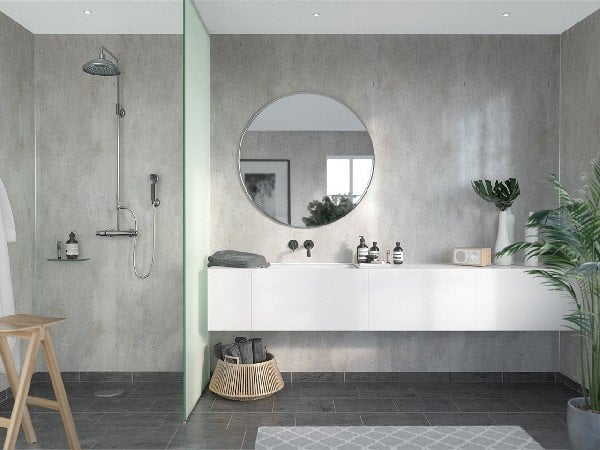 Grey stone-look bathroom wall panels